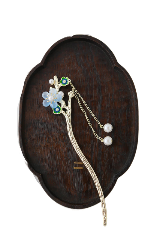 Vintage Wooden Tray & Blue Floral Pearl Tassel Hairpin Set