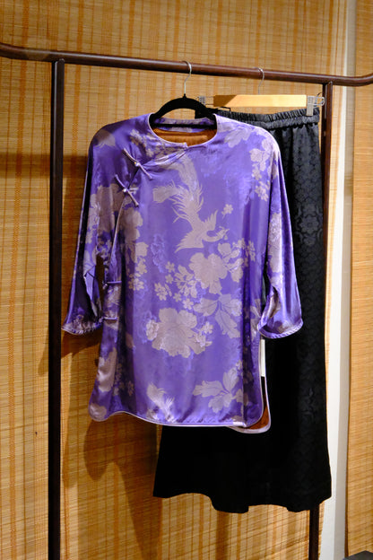 Silk Jacquard Phoenix Blouse – Premium Mulberry Silk in Purple | New Chinese Elegance
