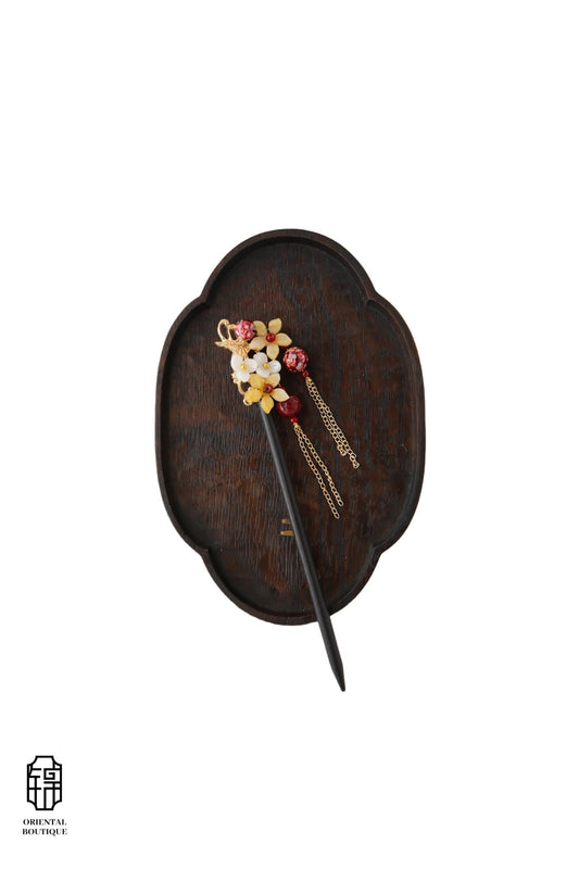 Vintage Wooden Tray & Red Yellow Floral Tassel Hairpin Set