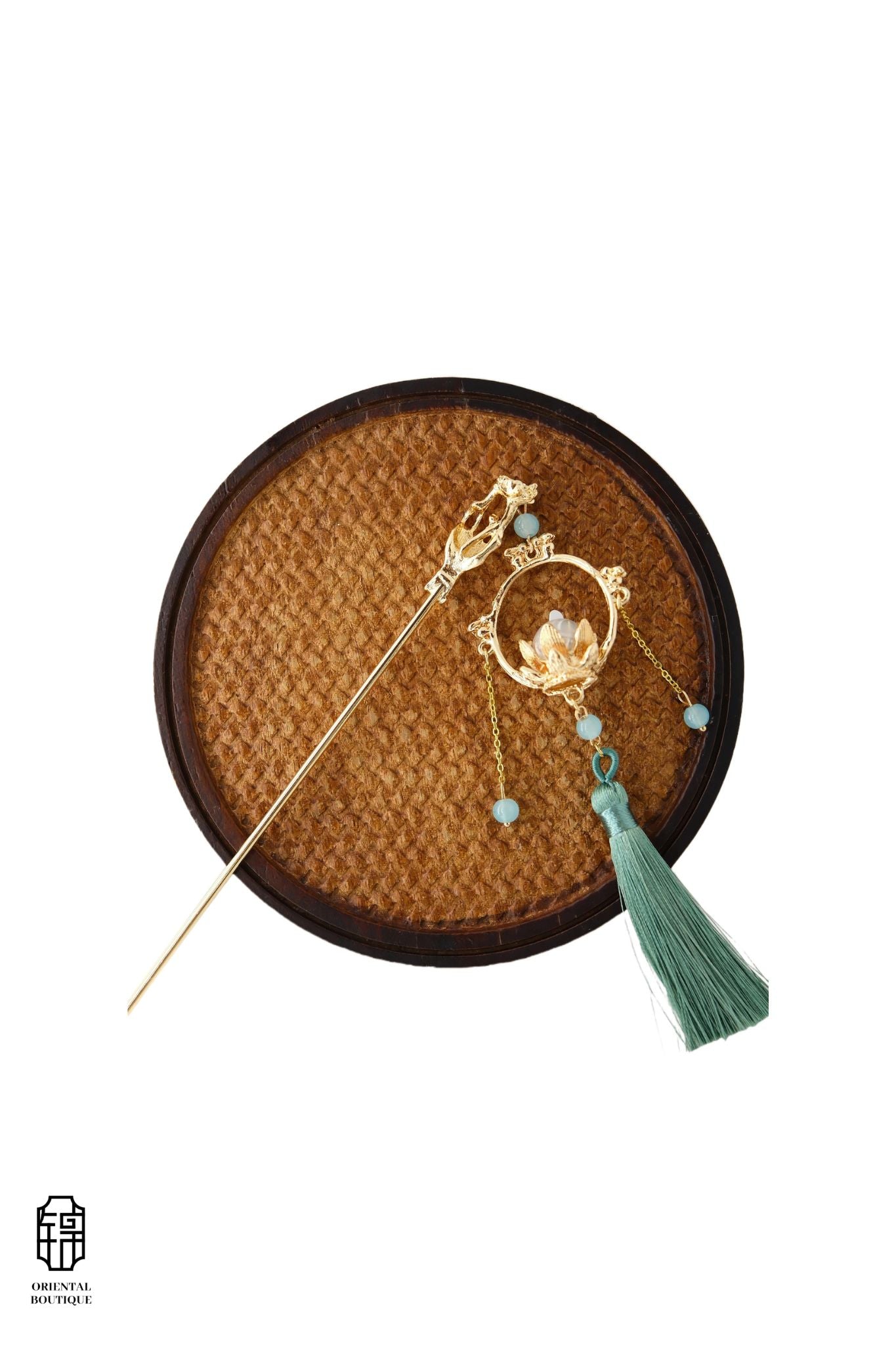 Vintage Wooden Tray & Lotus Tassel Hairpin Set