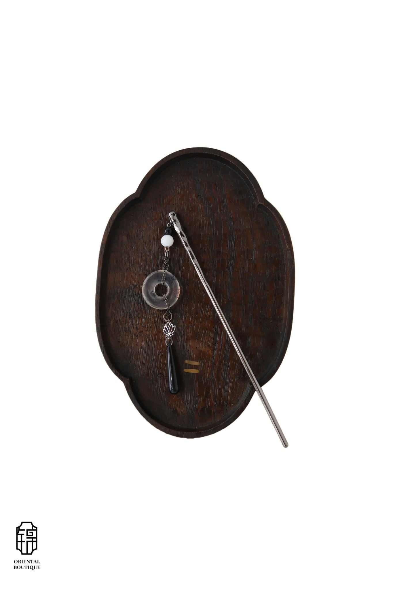 Vintage Wooden Tray & Silver Round Pendant Hairpin Set