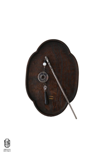 Vintage Wooden Tray & Silver Round Pendant Hairpin Set