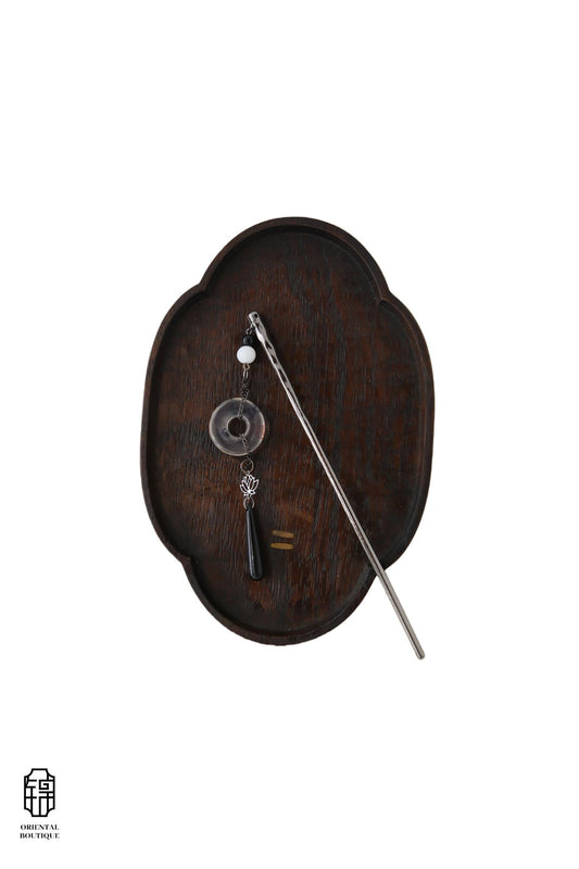 Vintage Wooden Tray & Silver Round Pendant Hairpin Set