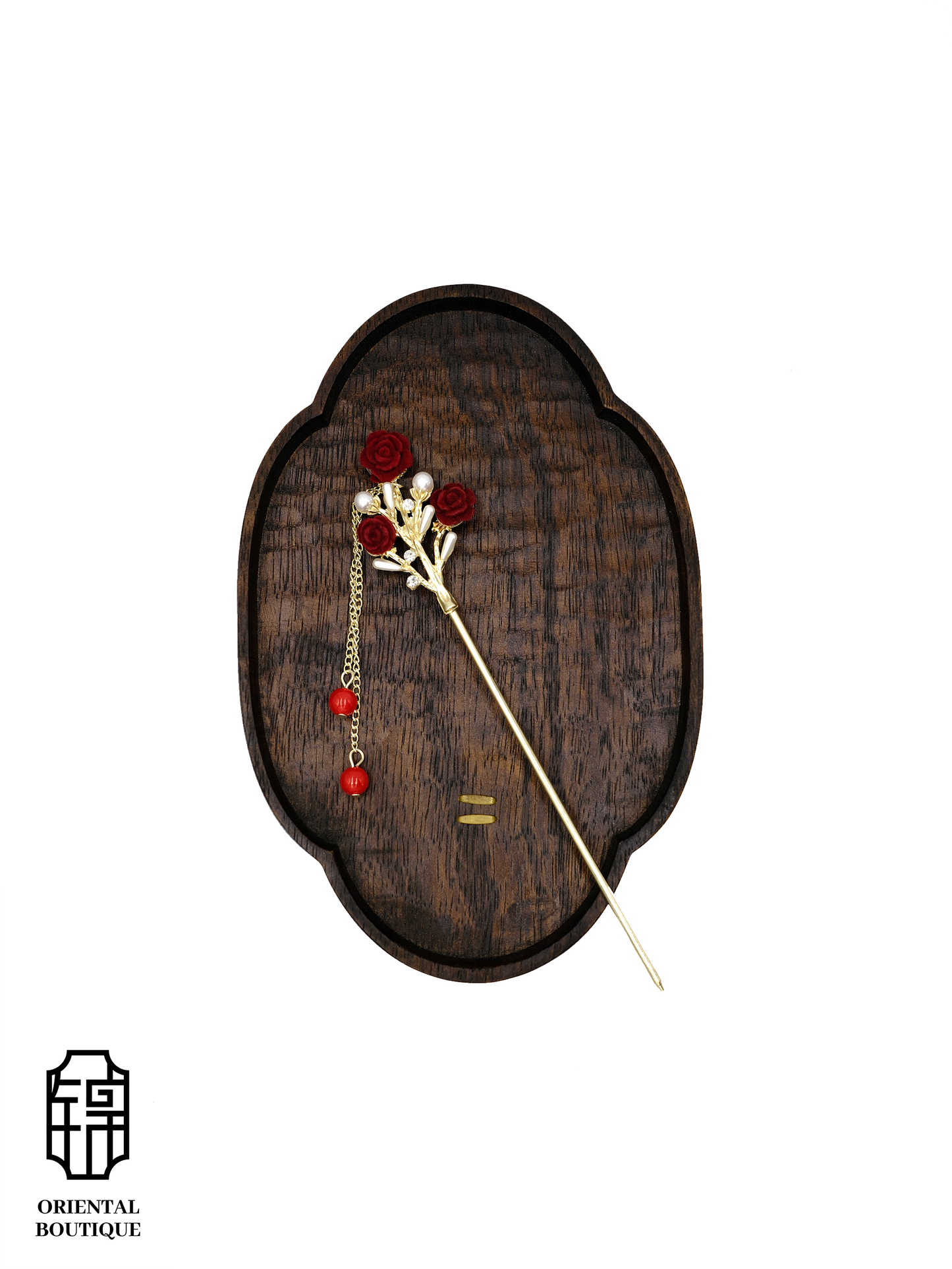 Gold Hairpin with Red Roses & Bead Tassels