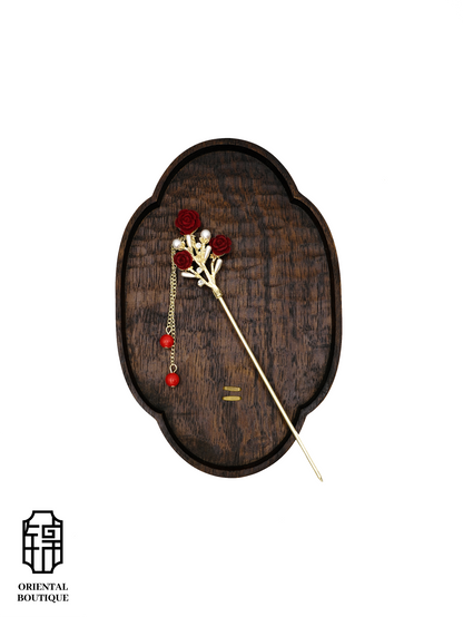 Gold Hairpin with Red Roses & Bead Tassels