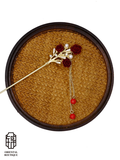 Gold Hairpin with Red Roses & Bead Tassels