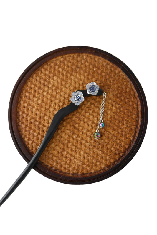 Vintage Wooden Tray & Blue Rose Tassel Hairpin Set