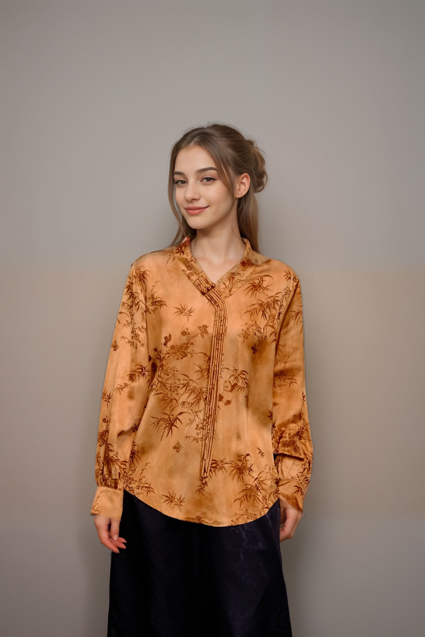 Imported Jacquard Rayon Blouse – Vintage Gold Bamboo Pattern | New Chinese Style