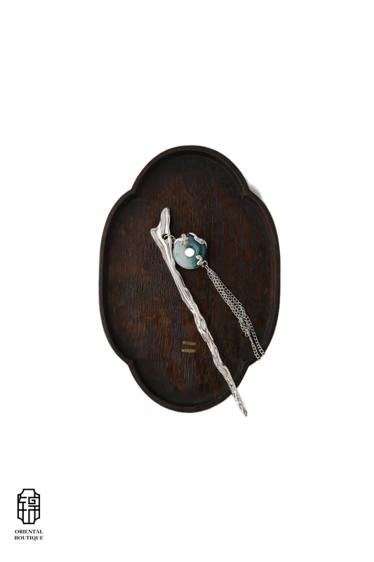 Vintage Wooden Tray & Silver Jade Tassel Hairpin Set