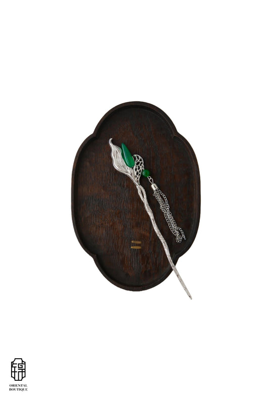 Vintage Wooden Tray & Silver Green Leaf Tassel Hairpin Set