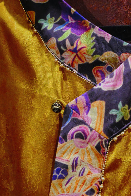 Artistic Jacquard Rayon Wrap Blouse – Golden Floral Pattern with Contrast Trim | New Chinese Style
