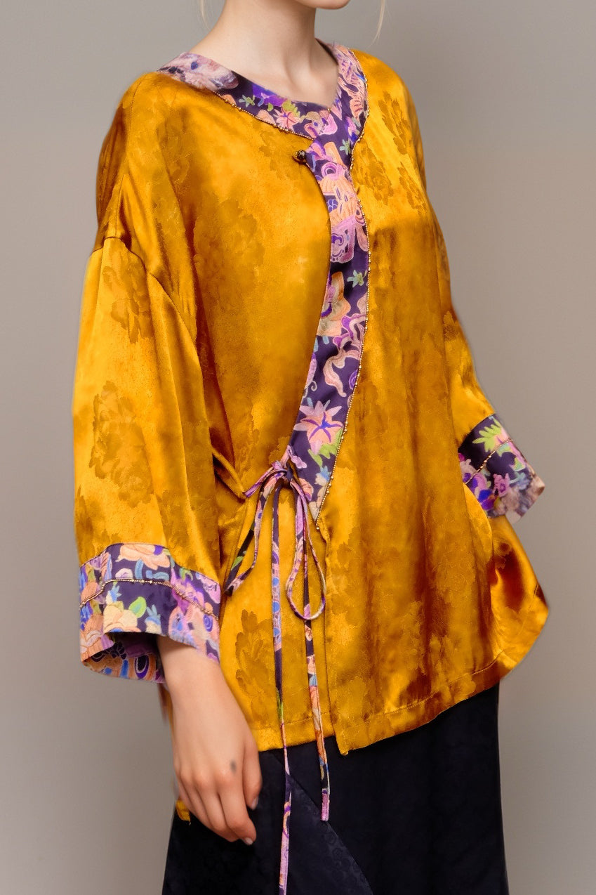 Artistic Jacquard Rayon Wrap Blouse – Golden Floral Pattern with Contrast Trim | New Chinese Style