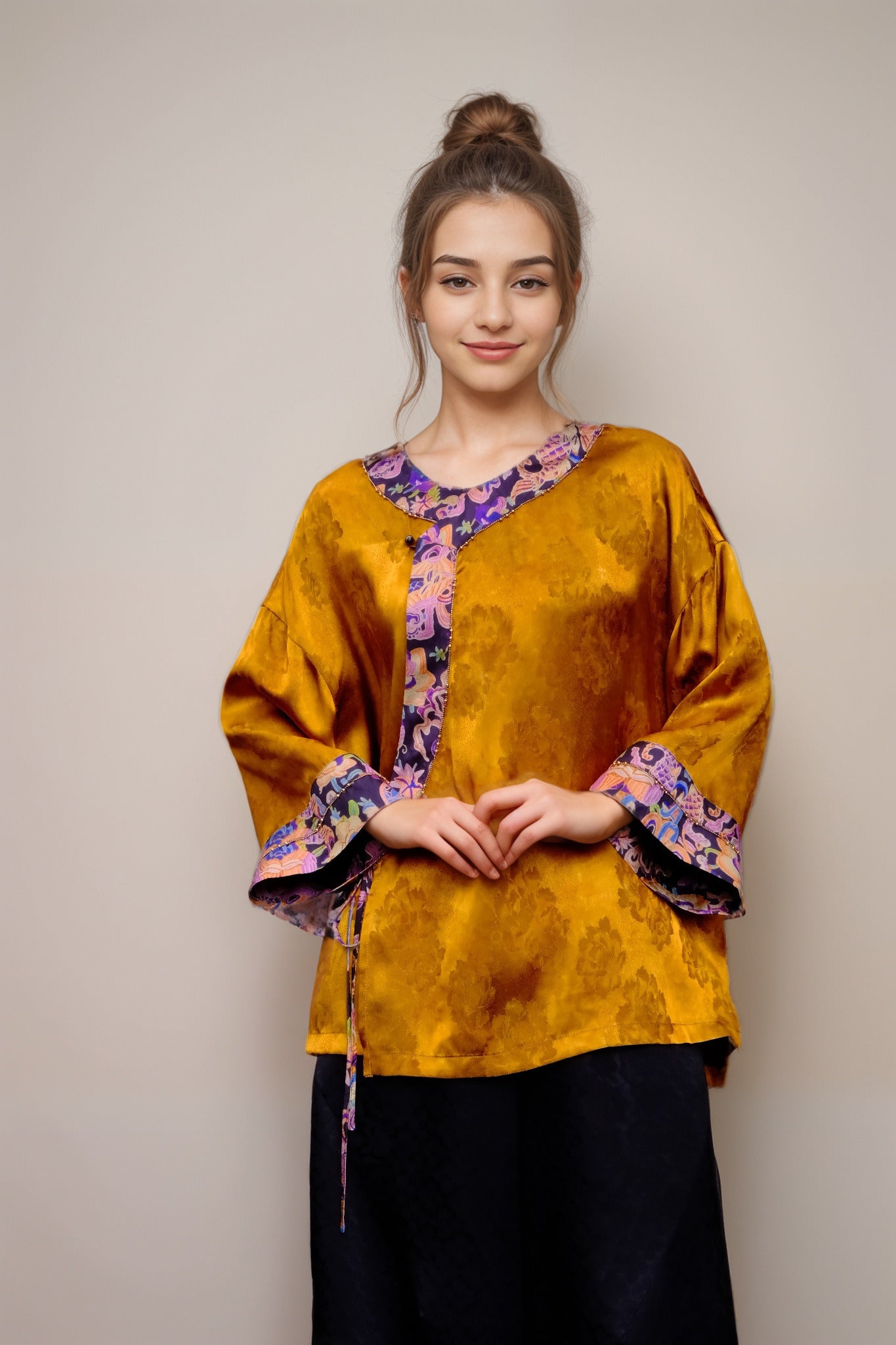 Artistic Jacquard Rayon Wrap Blouse – Golden Floral Pattern with Contrast Trim | New Chinese Style