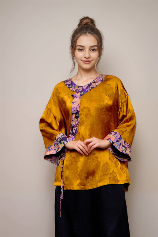 Artistic Jacquard Rayon Wrap Blouse – Golden Floral Pattern with Contrast Trim | New Chinese Style