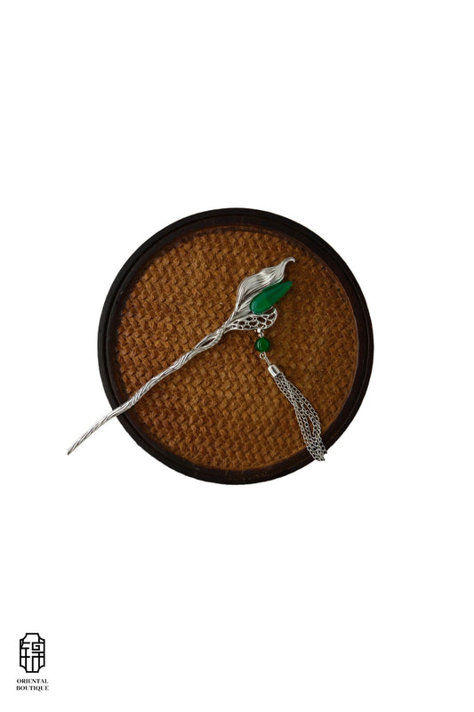 Vintage Wooden Tray & Silver Green Leaf Tassel Hairpin Set