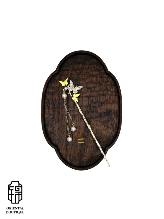Gold Butterfly Hairpin with Pearl Tassels