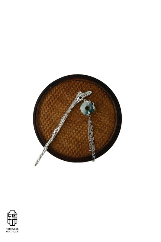 Vintage Wooden Tray & Silver Jade Tassel Hairpin Set