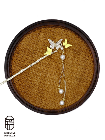 Gold Butterfly Hairpin with Pearl Tassels