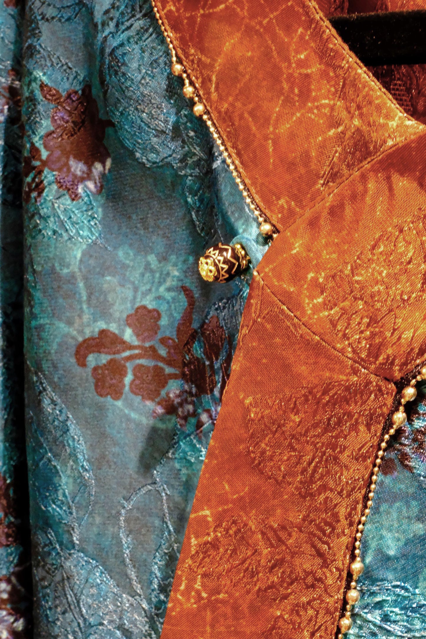 Artistic Jacquard Rayon Wrap Blouse – Deep Ocean Blue with Bronze Trim | New Chinese Style