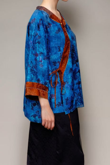 Artistic Jacquard Rayon Wrap Blouse – Deep Ocean Blue with Bronze Trim | New Chinese Style