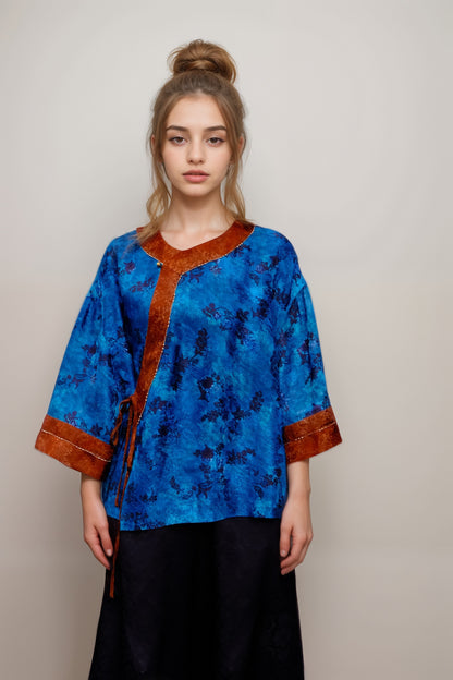 Artistic Jacquard Rayon Wrap Blouse – Deep Ocean Blue with Bronze Trim | New Chinese Style