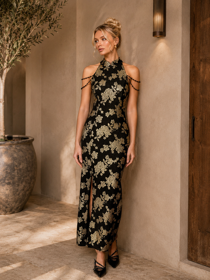 Imperial Blossom Jacquard Cheongsam Maxi Dress