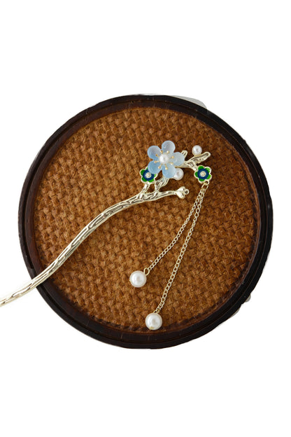 Vintage Wooden Tray & Blue Floral Pearl Tassel Hairpin Set
