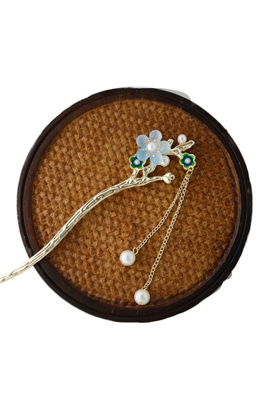 Vintage Wooden Tray & Blue Floral Pearl Tassel Hairpin Set