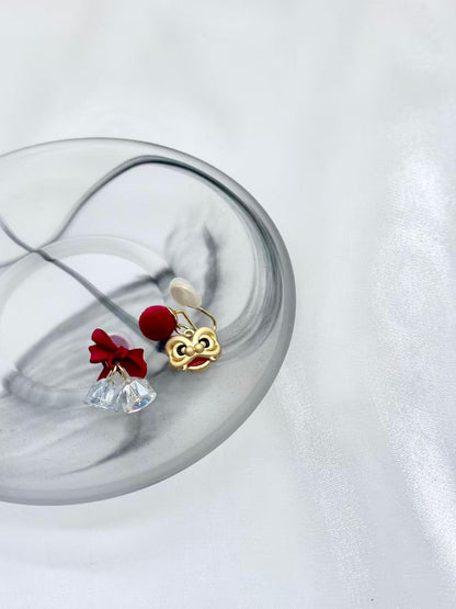 Clip earring- Red Bow & Lion Dance Mismatch Earrings