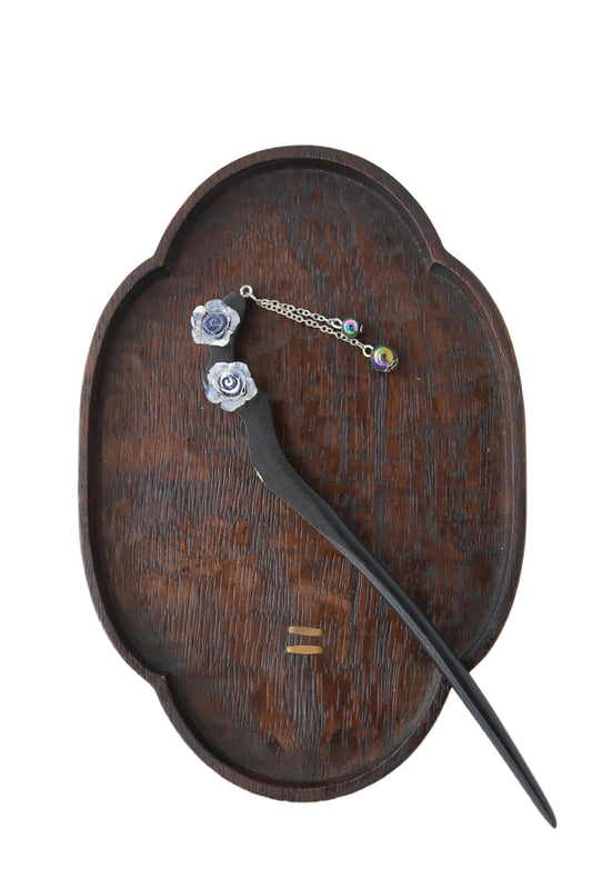 Vintage Wooden Tray & Blue Rose Tassel Hairpin Set