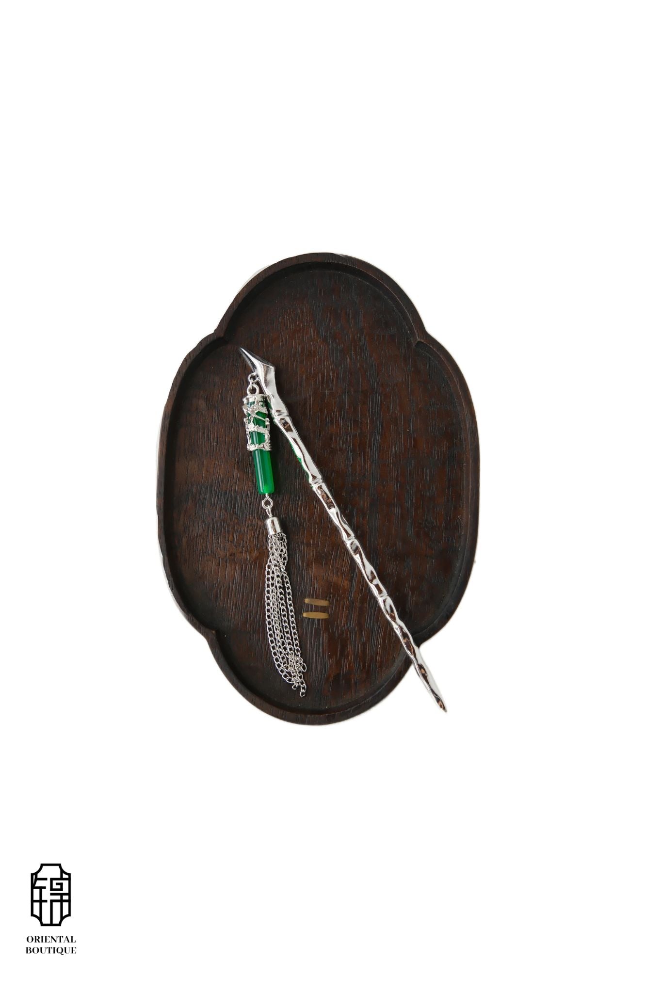 Vintage Wooden Tray & Silver Green Tassel Hairpin Set