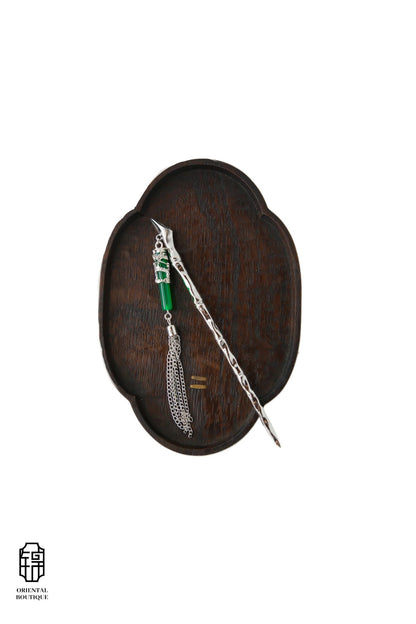 Vintage Wooden Tray & Silver Green Tassel Hairpin Set