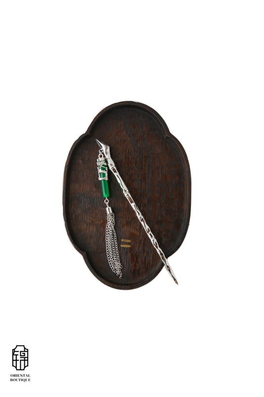 Vintage Wooden Tray & Silver Green Tassel Hairpin Set