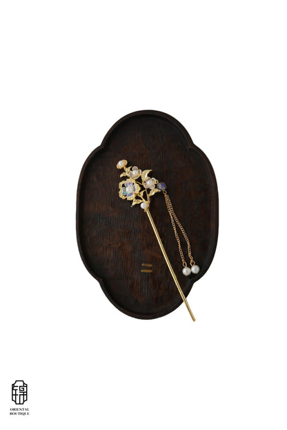 Vintage Wooden Tray & Gold Pearl Floral Tassel Hairpin Set