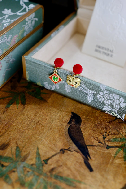 Lucky “Fa Cai” & Lion Dance Mismatch Earrings – Red Velvet Ball