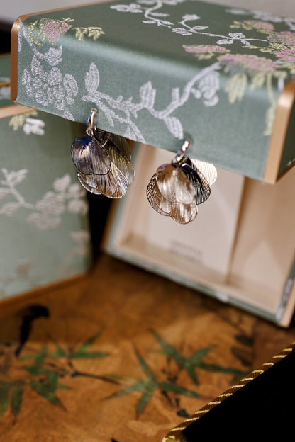 Clip Earring - Layered Silver Petal Drop Earrings