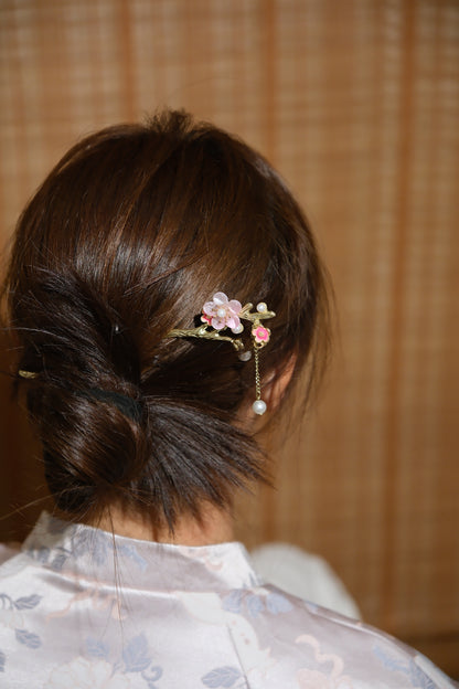 Vintage Wooden Tray & Pink Floral Pearl Tassel Hairpin Set