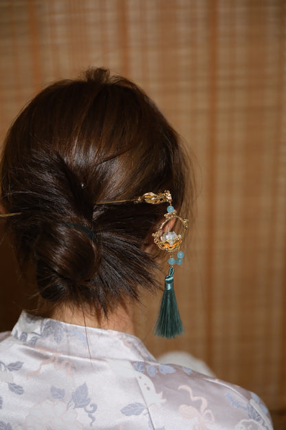 Vintage Wooden Tray & Lotus Tassel Hairpin Set