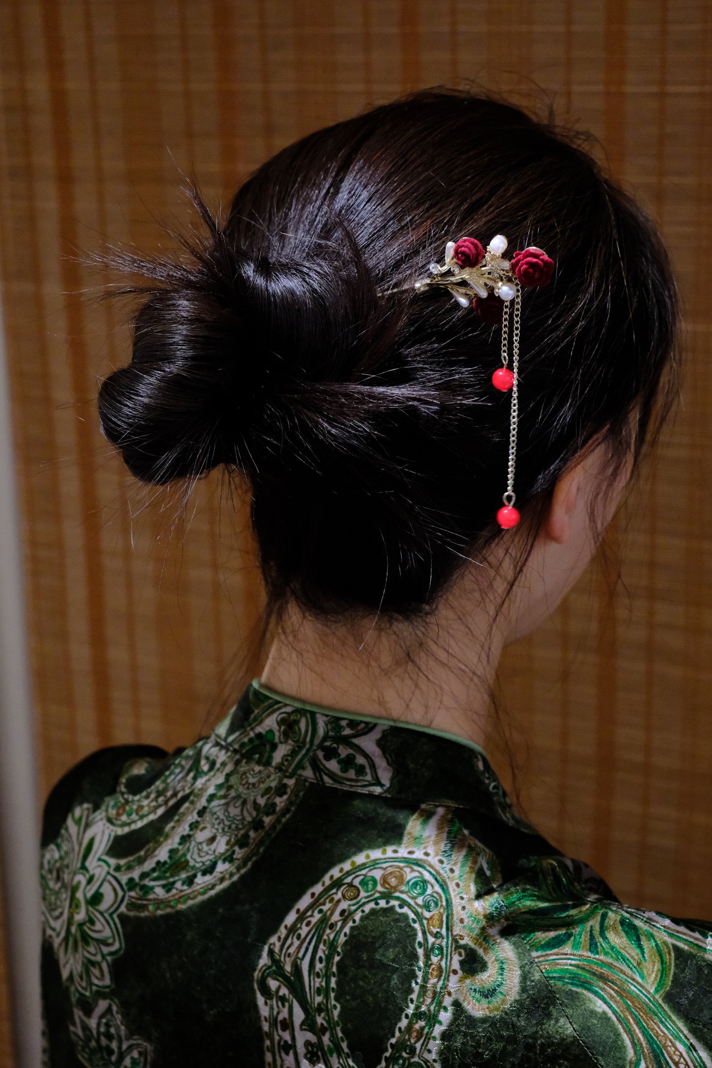 Gold Hairpin with Red Roses & Bead Tassels