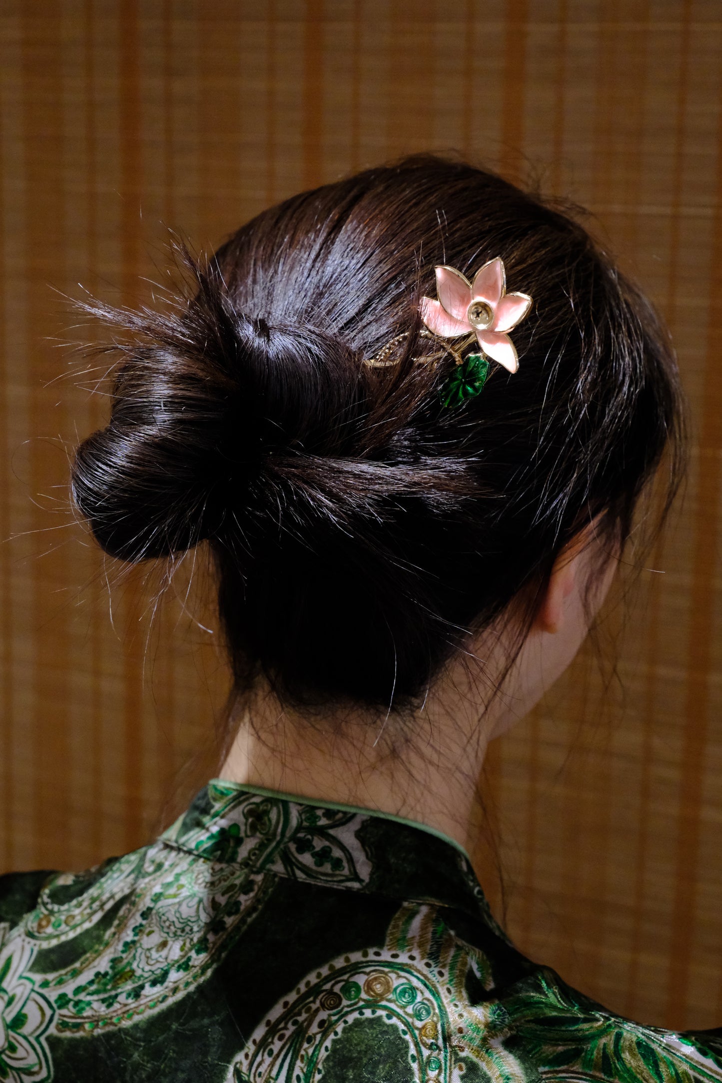 Pink Blossom Hairpin with Green Leaf Accent