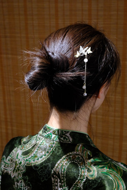 Gold Butterfly Hairpin with Pearl Tassels