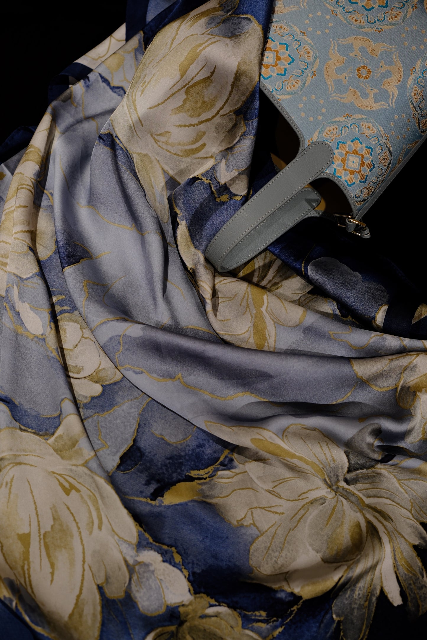 Silk Scarf – Blue Floral Oriental Style