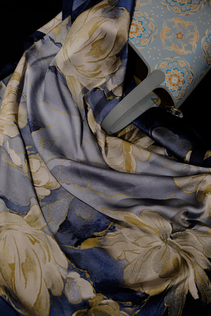 Silk Scarf – Blue Floral Oriental Style