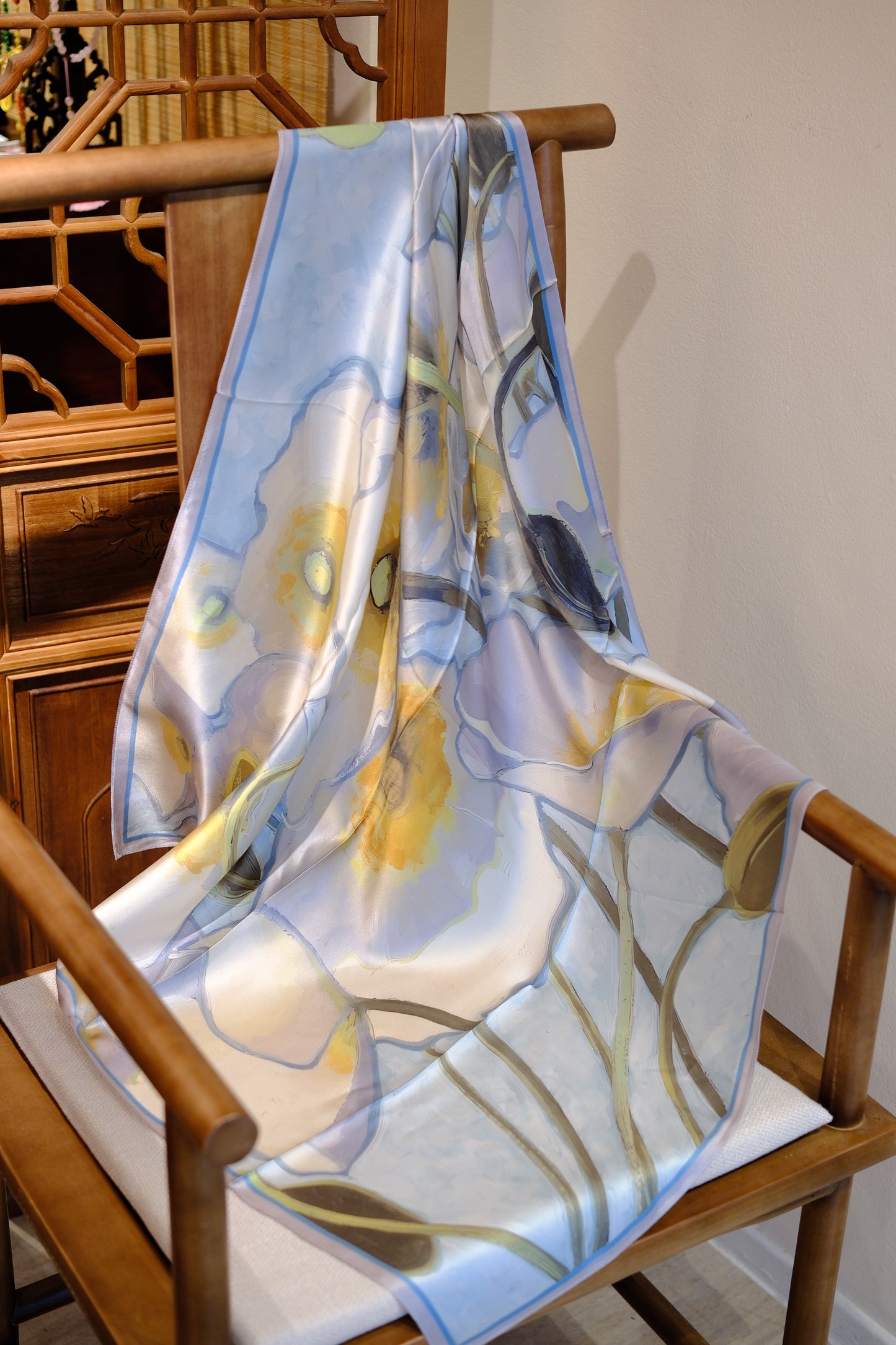 Silk Scarf – Soft Blue Floral Oriental Style