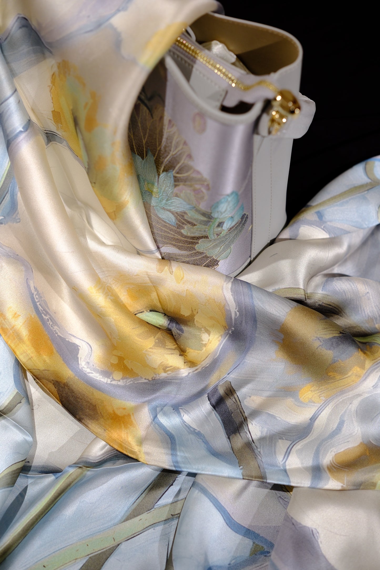 Silk Scarf – Soft Blue Floral Oriental Style