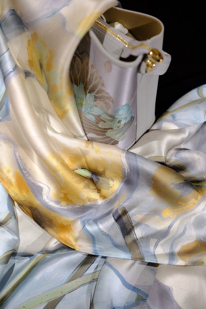 Silk Scarf – Soft Blue Floral Oriental Style