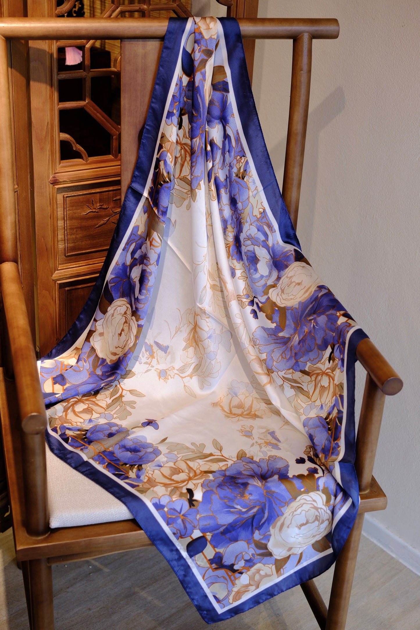 Blue Floral Silk Blend Scarf