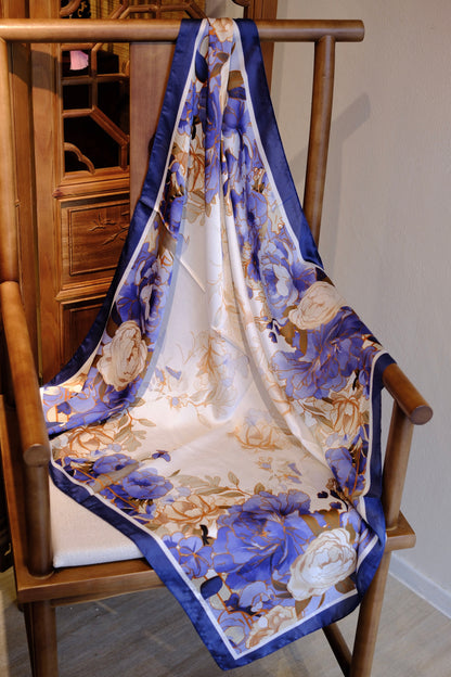 Blue Floral Silk Blend Scarf
