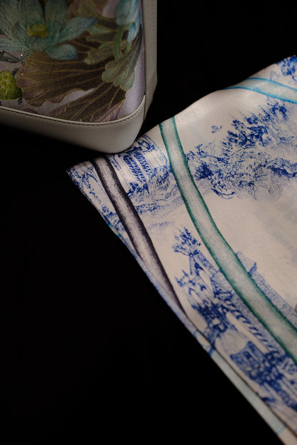 Blue Floral Landscape Square Silk Scarf