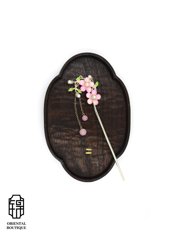 Pink Beaded Flower Hairpin with Dangling Chains - ORIENTAL BOUTIQUE